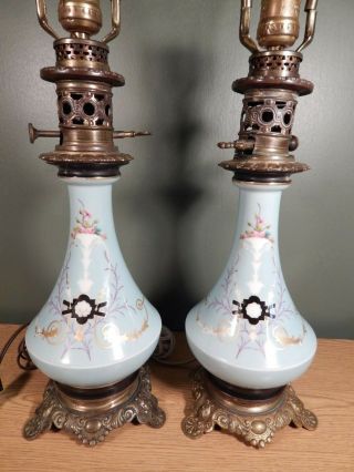 Antique French Blue Hand Painted Opaline Glass Oil Lamps,  Electrified