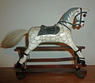 Antique Wood Rocking / Glider White Horse Toy With Saddle Real Hair Tail & Box