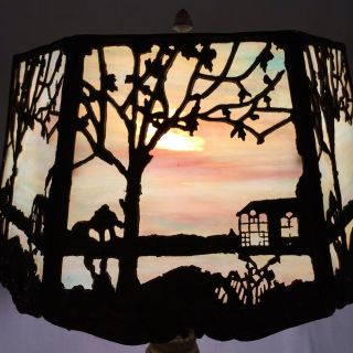 Antique Miller Art Nouveau Slag Lamp Sky House Tree Scene 6 Panel Metal Overlay 2