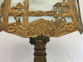 Antique Miller Art Nouveau Slag Lamp Sky House Tree Scene 6 Panel Metal Overlay 7