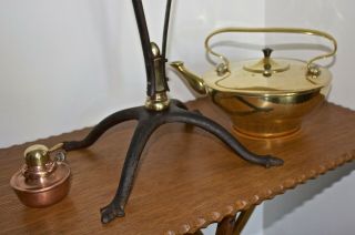 WAS BENSON ARTS AND CRAFTS BRASS KETTLE ON BRASS AND WROUGHT IRON STAND 3
