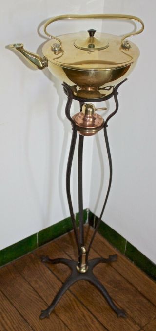 WAS BENSON ARTS AND CRAFTS BRASS KETTLE ON BRASS AND WROUGHT IRON STAND 4