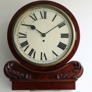 Antique English Fusee Dial Mantel Wall Clock With Carved & Flame Mahogany Case