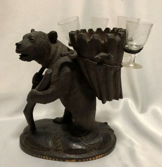 Black Forest Carved Wood Bear Liquor Tantalus Stand Wine Decanter Cordials