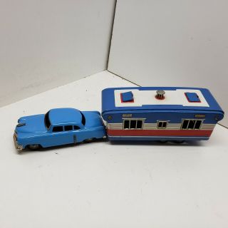 Vintage Sss Japan Red,  White And Blue Tin Toy Camper And Car