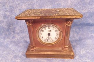 Antique Benedict / Waterbury Shelf Clock Columned Pediment All Brass