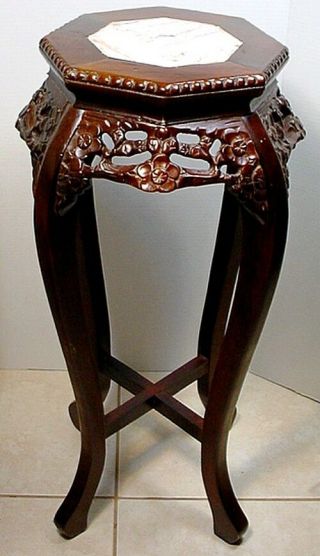 Vintage Chinese Carved Wood Jardiniere / Plant Stand With Inset Marble Top