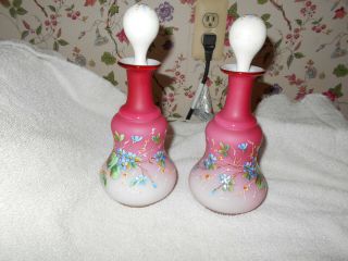 Victorian Cased Satin Art Glass Enameled Perfume / Cologne Bottles,  Pair C.  1880 10