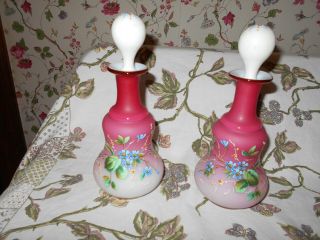 Victorian Cased Satin Art Glass Enameled Perfume / Cologne Bottles,  Pair C.  1880