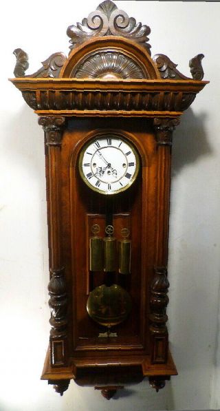 Carved Walnut German Grand Sonnerie 3 Weight Driven Regulator Wall Clock - - 1885