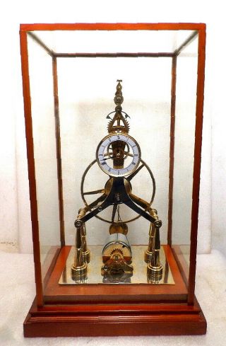 24k Gold Plated Great Wheel Skeleton Clock With Wood/glass Dome - - - -