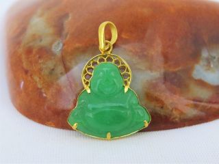 Vintage 24k 980 Solid Gold Apple Green Jadeite Jade Laughing Buddha Pendant