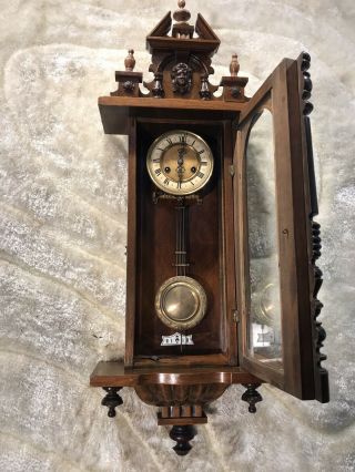 VINTAGE ANTIQUE GERMANY F M S STRIKING WALL CLOCK WITH BRASS PENDULUM 10