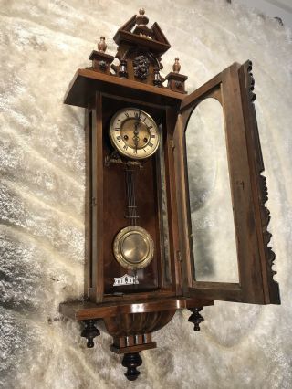 VINTAGE ANTIQUE GERMANY F M S STRIKING WALL CLOCK WITH BRASS PENDULUM 4