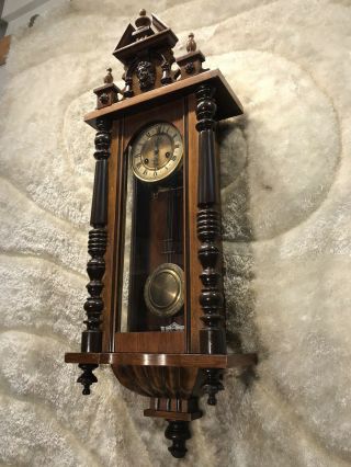 VINTAGE ANTIQUE GERMANY F M S STRIKING WALL CLOCK WITH BRASS PENDULUM 6