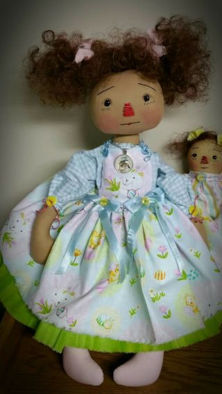 Primitive Folk Art Summertime Raggedy Ann Doll And Dollie/pretty Pastels/19 " Big