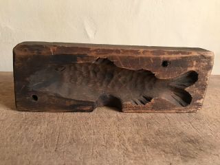 Early Antique Wooden Hand Carved Fish Form Mold Patina Large Detailed Aafa