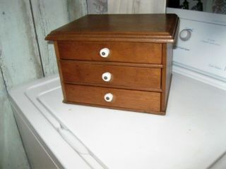 Antique Early Wood 3 Drawer Apothecary Chest Square Nailed Orig Porcelain Pulls
