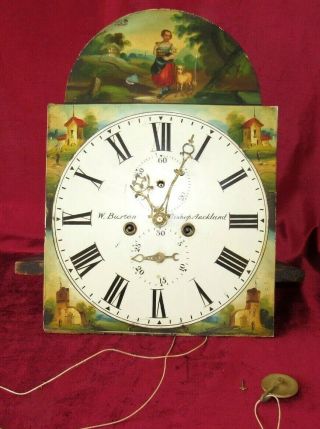 English Antique Hand Painted Arched 8 Day Grandfather Clock Movement & Dial