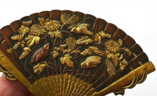 Old Japanese Gilt Mixed Metal Bronze Fan Shaped Pin Brooch Bird Flowers