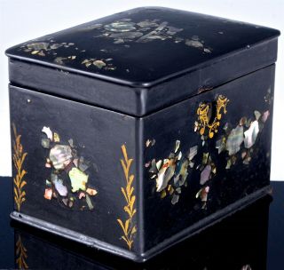 FINE c1850 JENNENS & BETTRIDGE MOTHER OF PEARL INLAID PAPER MACHE TEA CADDY BOX 2