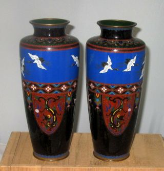 Unique Fine Antique Japanese Cloisonne Enamel Pair Vases With Swirling Cranes