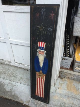 Vtg Folk Art Hand Painted Uncle Sam Fireworks Lighted Wood Panel Elaine Wright