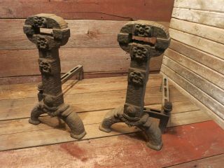 Vintage Rare Fireplace Andirons Cast Iron Fire Victorian Key Design Heavy
