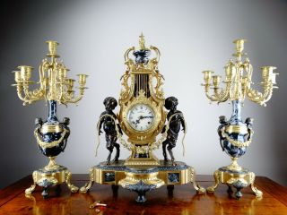 Antique French Style Mantel Clock Garniture With Candelabra Franz Hermle Lancini