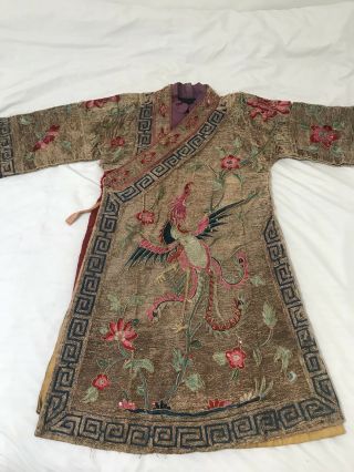 Vintage Antique Asian Chinese Fine Embroidered Silk Robe Kimono Forbidden Stitch