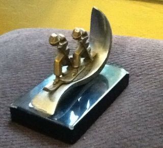 Vintage 1930 ' s Modernist Skiing Bookends Sport Marble Chrome Pair 10