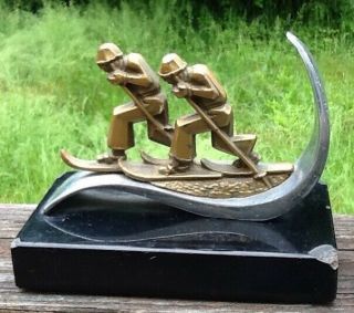 Vintage 1930 ' s Modernist Skiing Bookends Sport Marble Chrome Pair 2