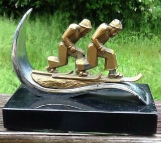 Vintage 1930 ' s Modernist Skiing Bookends Sport Marble Chrome Pair 3