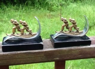 Vintage 1930 ' s Modernist Skiing Bookends Sport Marble Chrome Pair 4