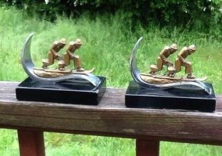 Vintage 1930 ' s Modernist Skiing Bookends Sport Marble Chrome Pair 5
