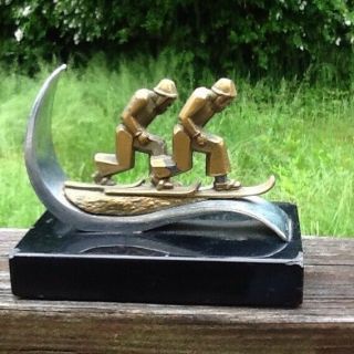 Vintage 1930 ' s Modernist Skiing Bookends Sport Marble Chrome Pair 6