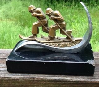 Vintage 1930 ' s Modernist Skiing Bookends Sport Marble Chrome Pair 7