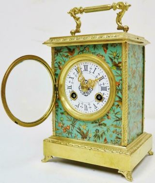 Wow Rare Antique French Hand Painted Panels & Bronze 8 Day Carriage Mantel Clock 7