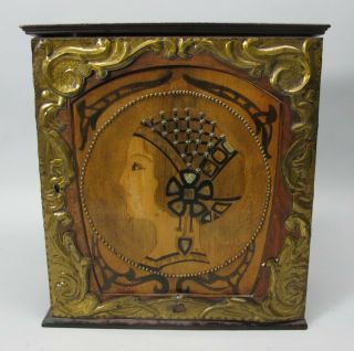 Antique French Art Nouveau Hanging Wood Inlaid Cabinet C.  1905 Style Of Mucha