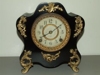 Antique 1882 Ansonia Black Iron Fancy Victorian Mantel Shelf Clock