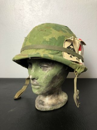 Us M - 1 Steel Infantry Helmet With Liner Vietnam Era W/ Death Card Mitchell