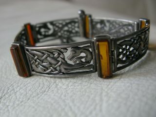 Antique Art Nouveau Deco Sterling 925 Silver Filigree Bezel Set Amber Bracelet