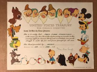 1945 Us Treasury War Bond Certificate,  Walt Disney Character Border,  8” X 10”