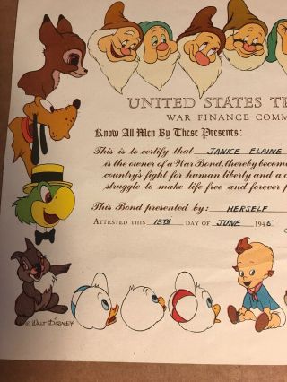 1945 US Treasury War Bond Certificate,  Walt Disney Character Border,  8” X 10” 2