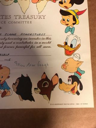 1945 US Treasury War Bond Certificate,  Walt Disney Character Border,  8” X 10” 4