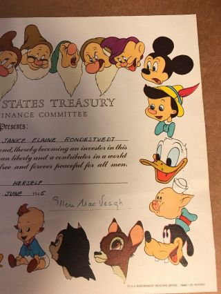 1945 US Treasury War Bond Certificate,  Walt Disney Character Border,  8” X 10” 5