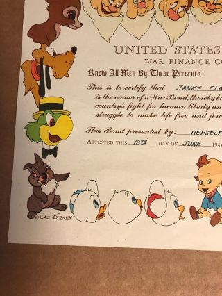 1945 US Treasury War Bond Certificate,  Walt Disney Character Border,  8” X 10” 6