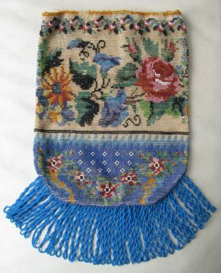 Antique Textile Crochet Periwinkle Blue & Floral Micro Bead Fringe Purse 1800 