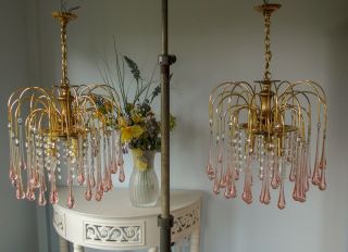 Vintage Italian Murano Pink Crystal Waterfall chandelier 3 Light.  LAST ONE 11