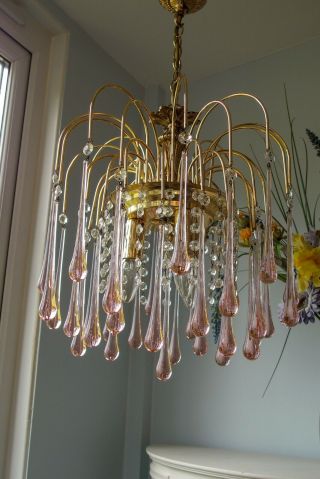 Vintage Italian Murano Pink Crystal Waterfall chandelier 3 Light.  LAST ONE 2